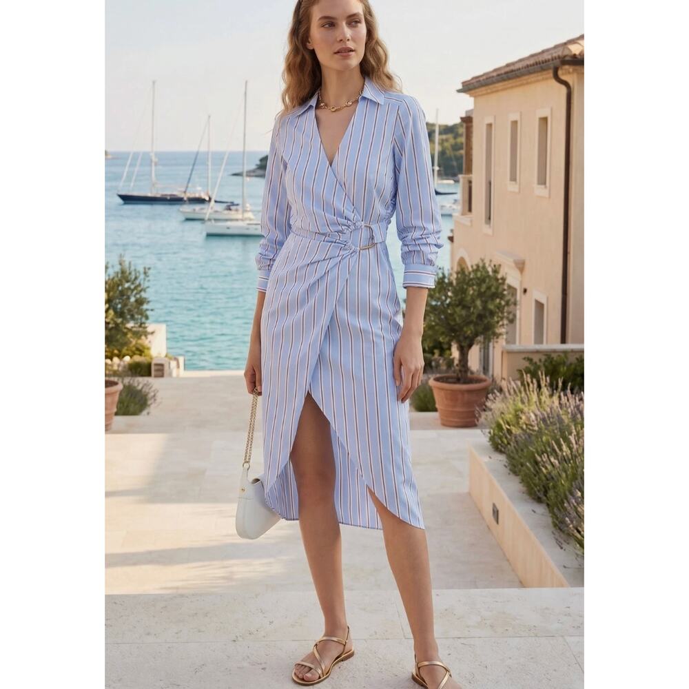 Veronica Beard Dress 4 Afton Striped Wrap Midi Aero Blue Brick Resort Nautical